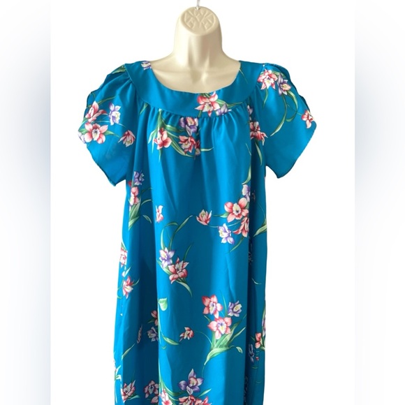 Vintage Hilo Hattie Muumuu Maxi Dress Hawaiian Round Neck Teal Pink Aloha XL EUC - Picture 2 of 10